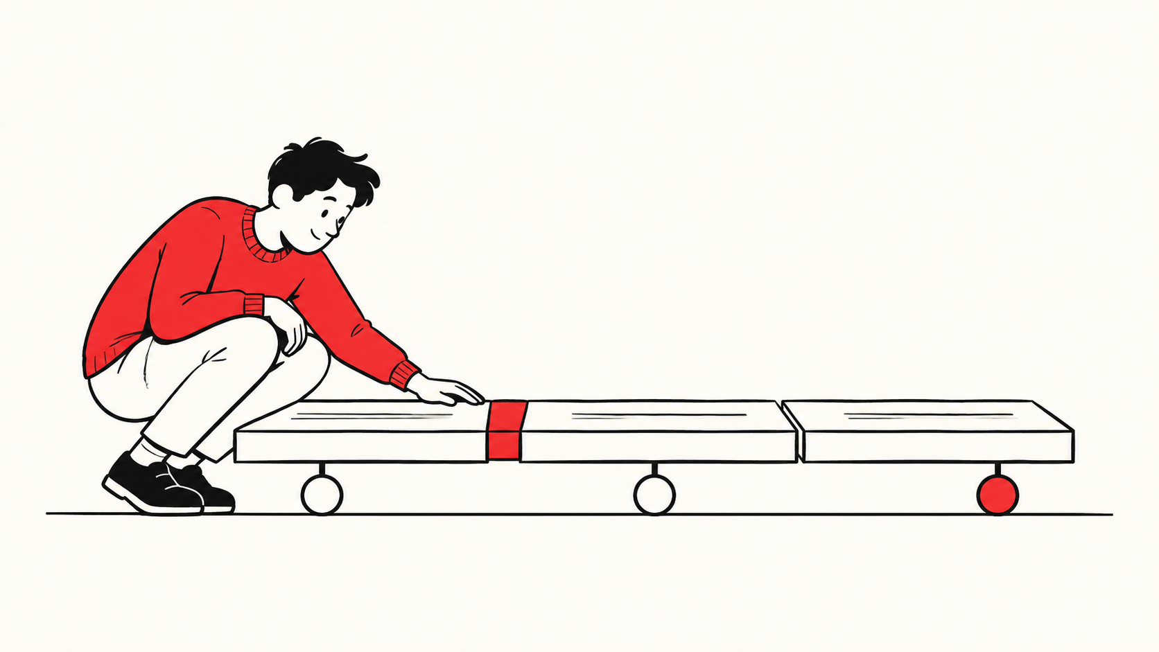 A red-shirted engineer crouches to inspect a red patch on a three-section ledger bridge, representing release, adoption and activation, drawn in black and red on cream.