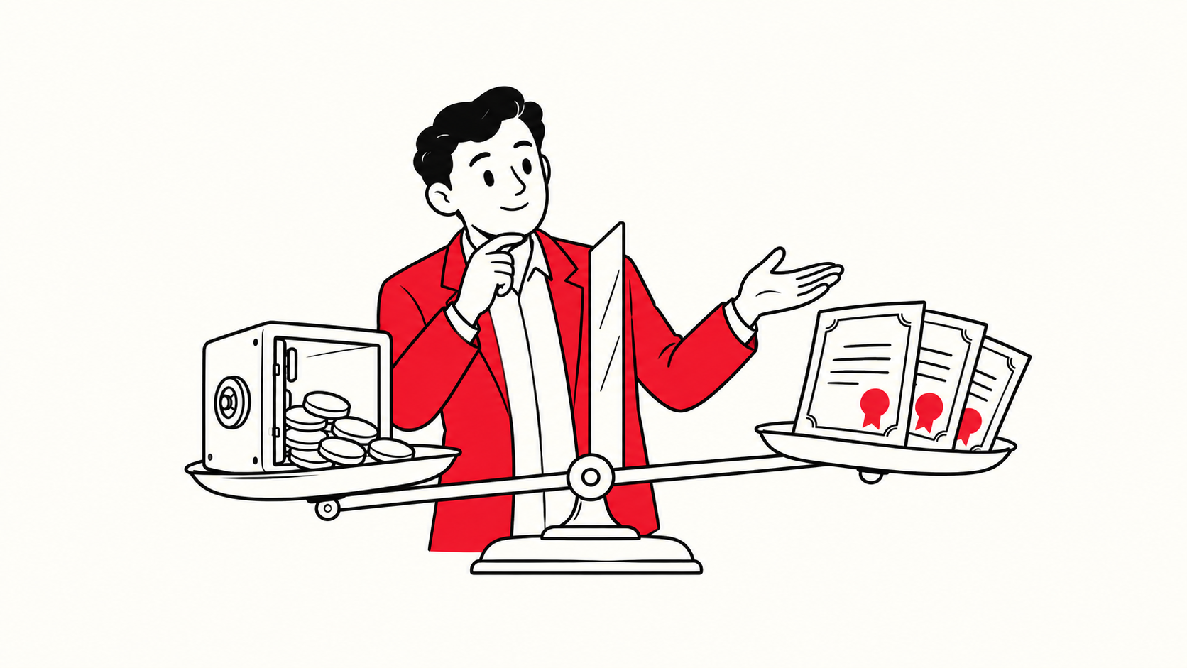 An analyst in red compares a token custody box on the left side of a balance with share certificates bearing red seals on the right, drawn in black and red on cream.