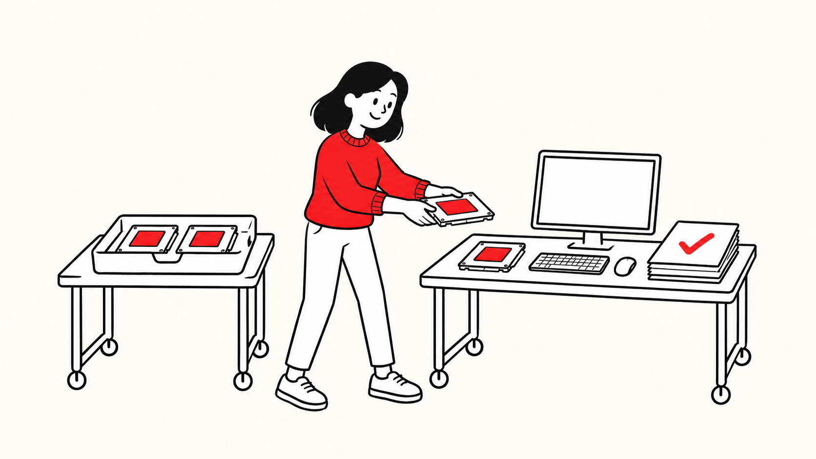 A researcher in red distributes chips between a shared accelerator tray and a workbench beside an experiment record with a red checkmark, drawn in black and red on cream.