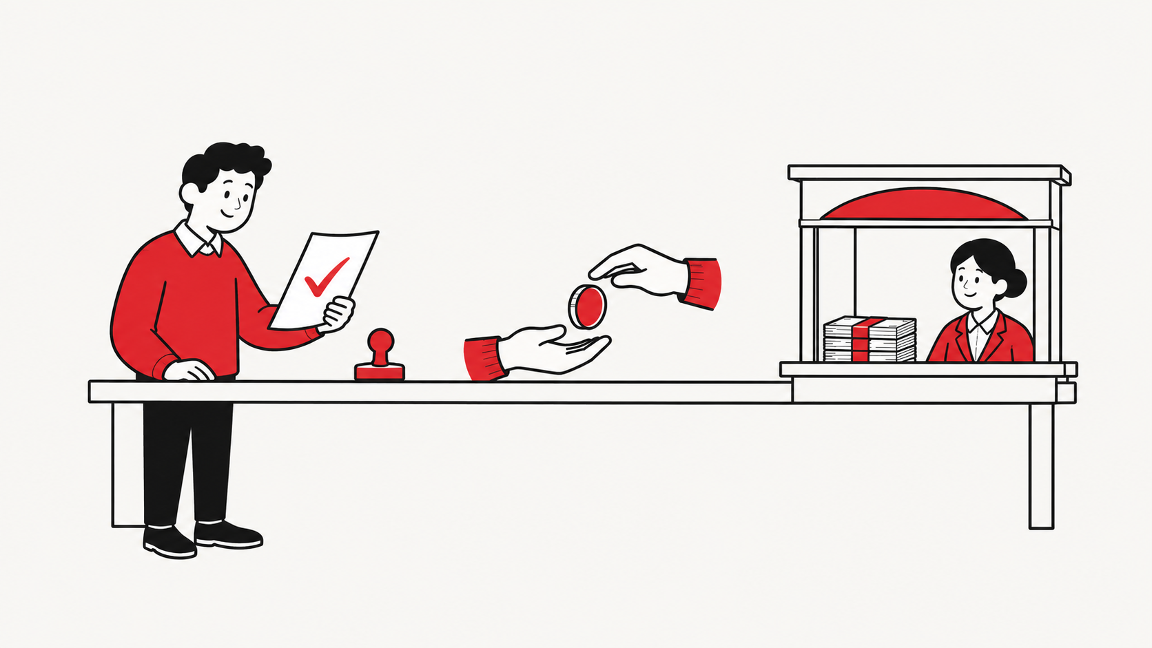 Three illustrated payment stages show a finance worker in red reviewing a payment record, a token passing between hands, and a bank counter, drawn in black and red on cream.