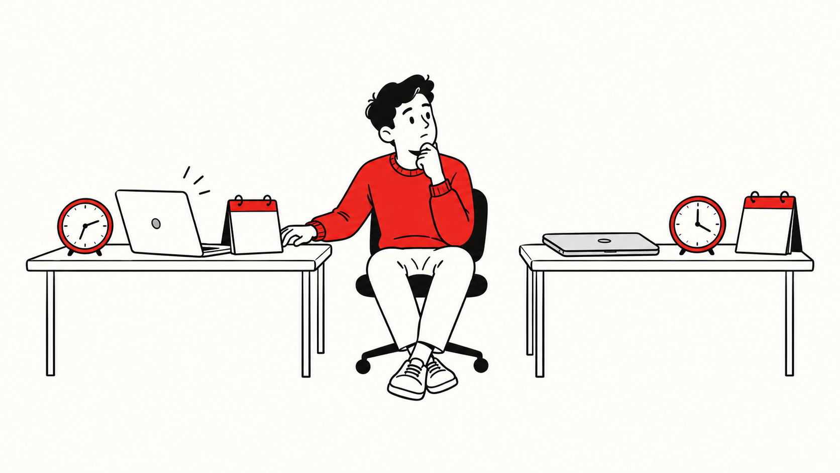 A red-shirted analyst compares two clocks and a calendar between two desks, with one computer open and the other closed, drawn in black and red on cream.