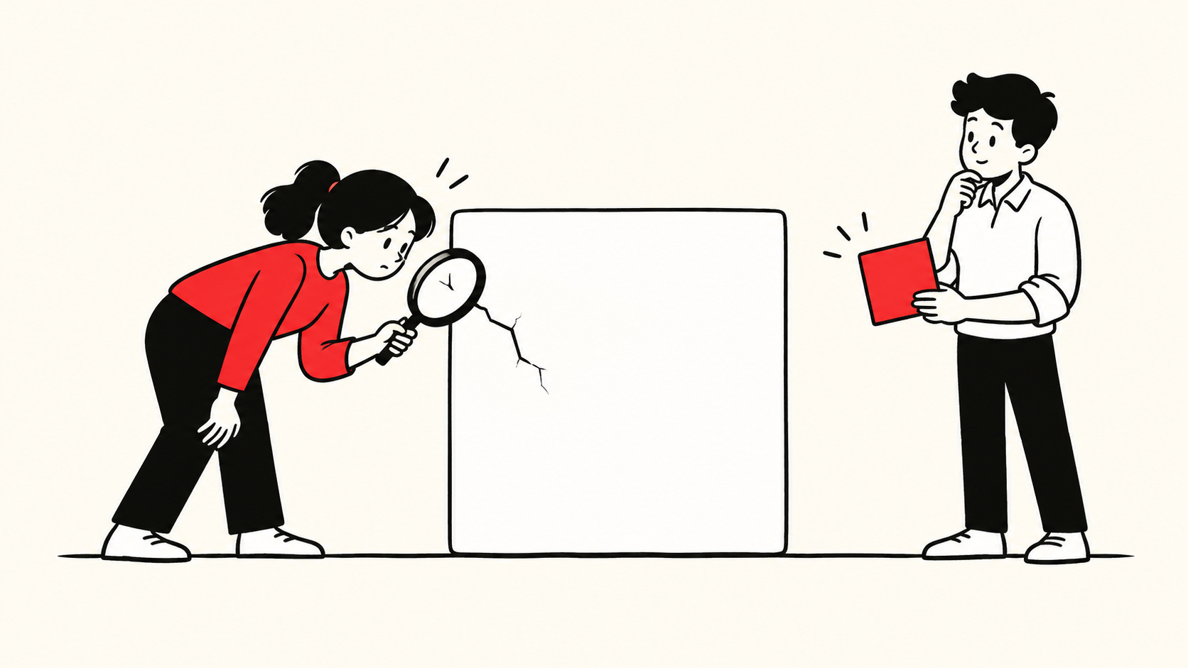 A female engineer examines a crack in a white software block with a magnifying glass while a male colleague holds a separate red repair patch, drawn in black and red on cream.