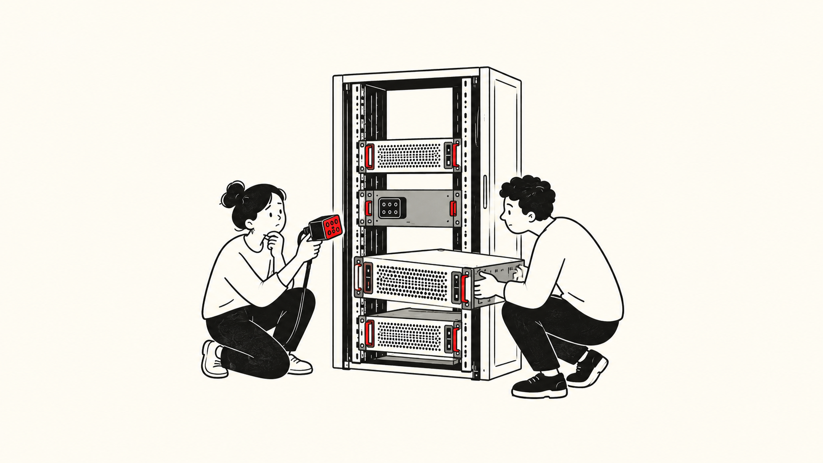 Two engineers examine a modular server rack and a red connector that does not fit.
