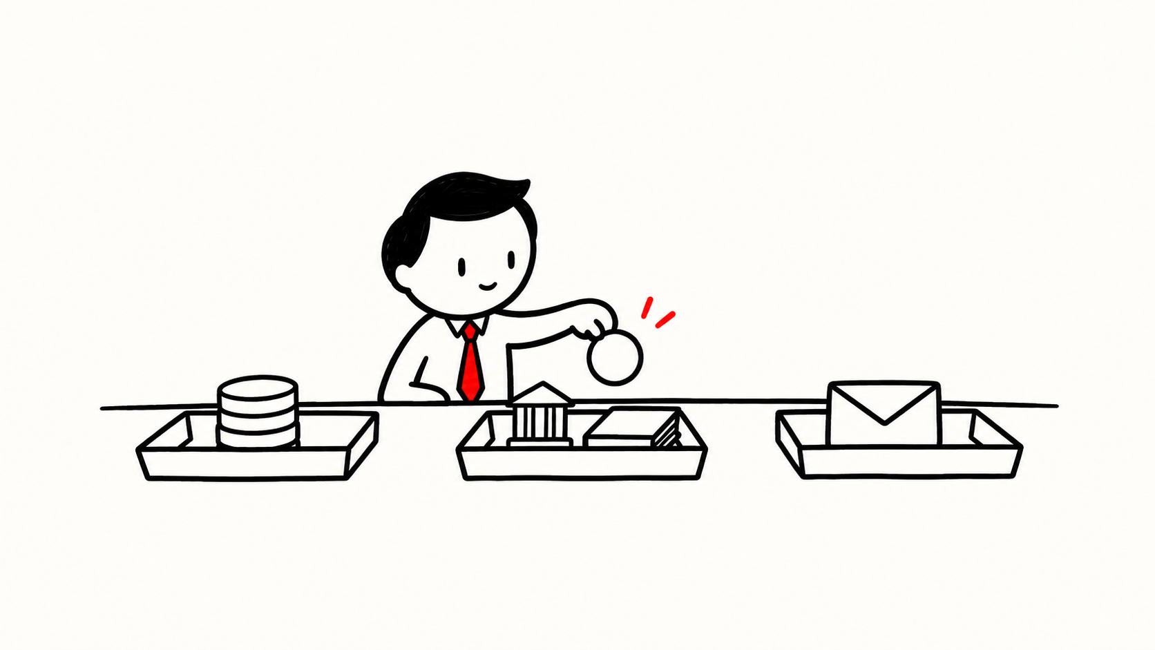 A treasury worker allocates a blank token among trays representing reserves, a loan ledger and distributions.