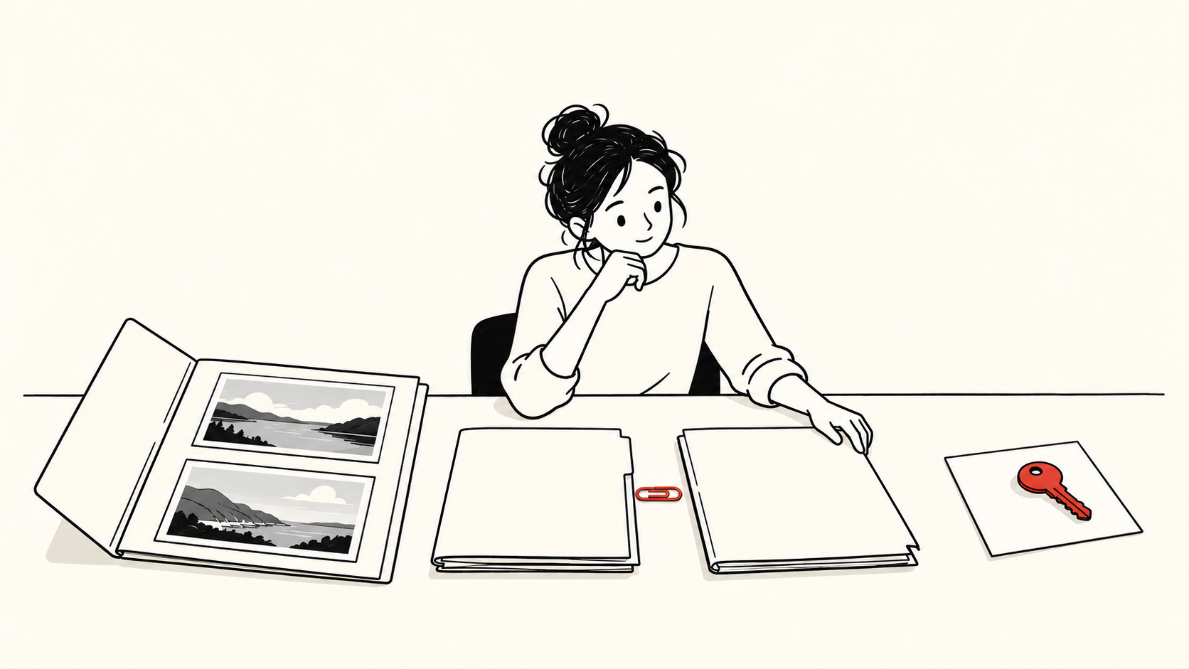A person reviews separate document folders beside a photo portfolio and a red ownership key.
