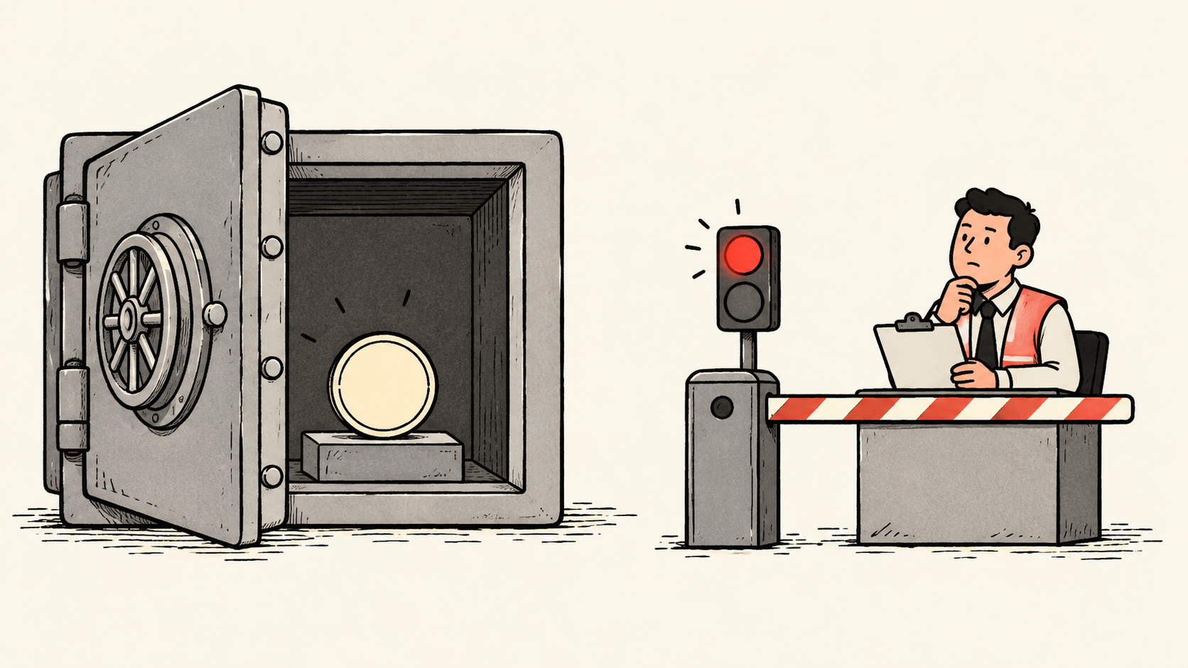 A token in a vault stands apart from a collateral-review gate with a red signal and a reviewer.