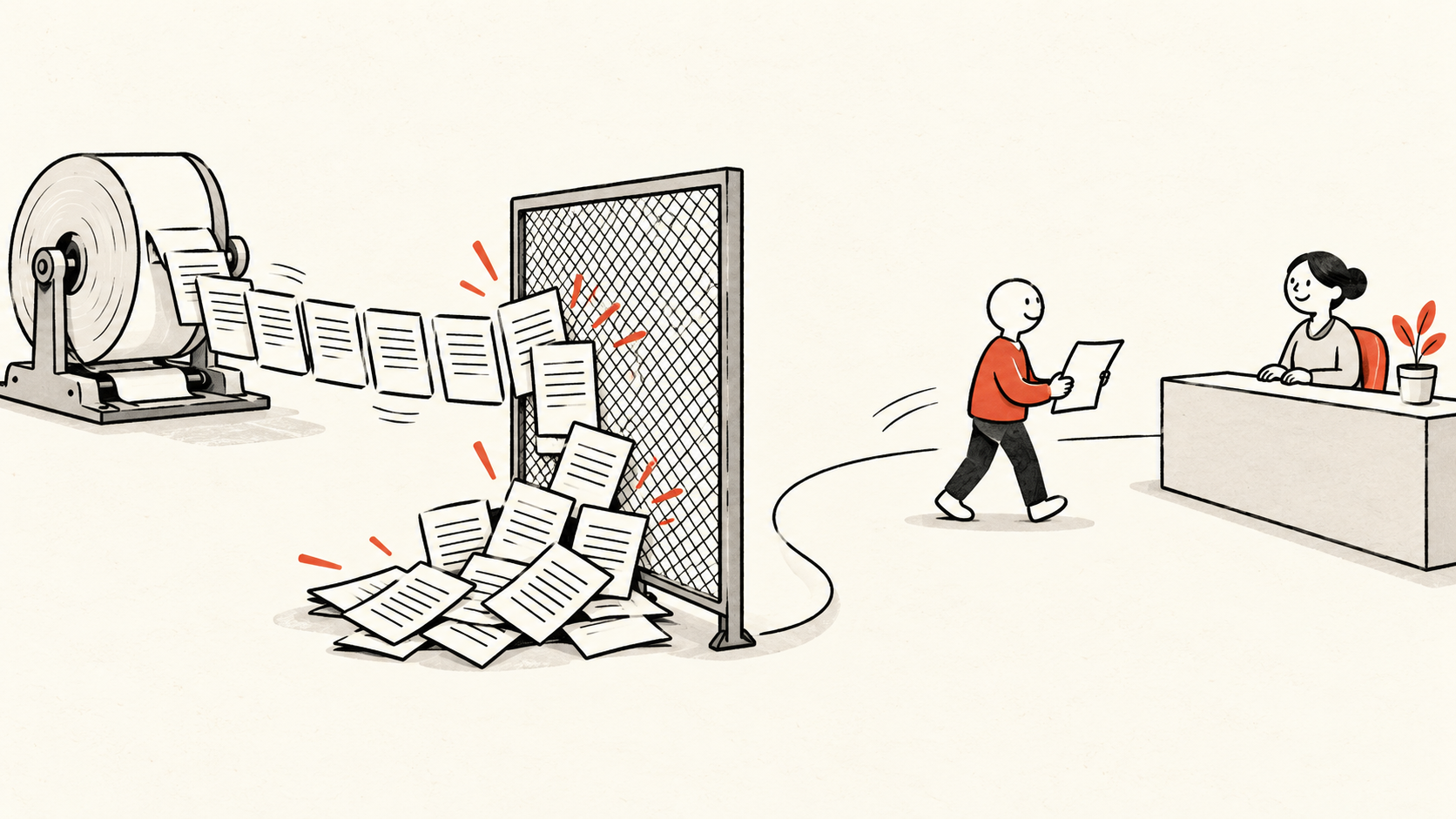 Hand-drawn mesh catching repeated sheets from a spool while a person takes a separate path to a service counter, with black outlines and red accents.