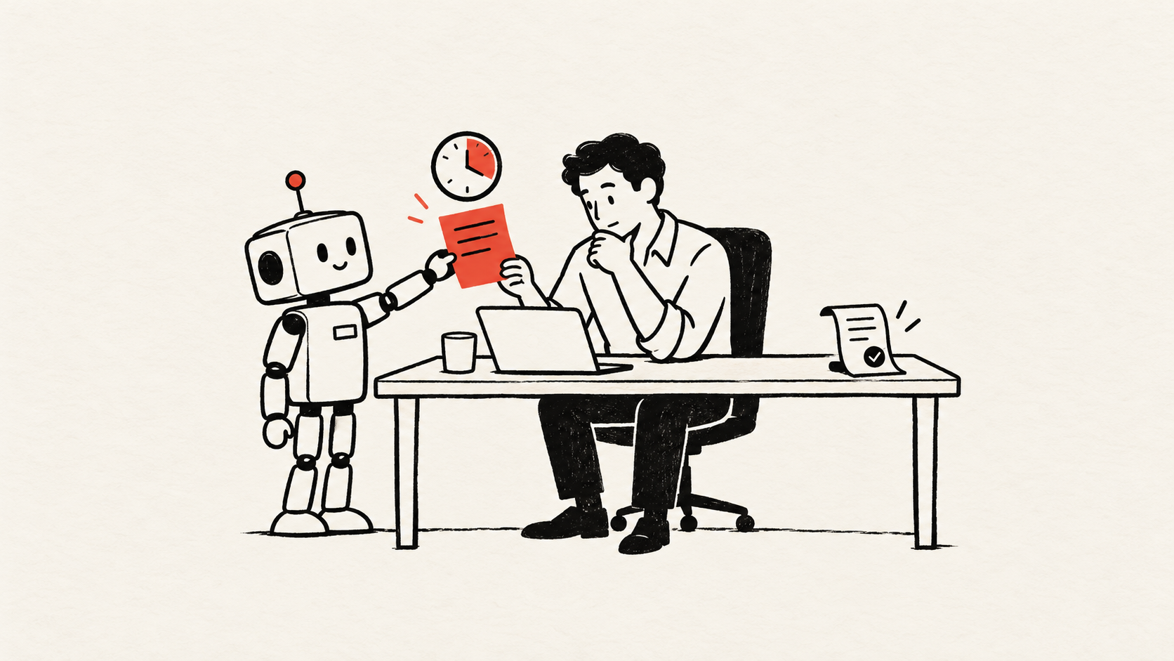 A human reviews a robot’s red approval slip beside a clock, with a separate action receipt on the desk.