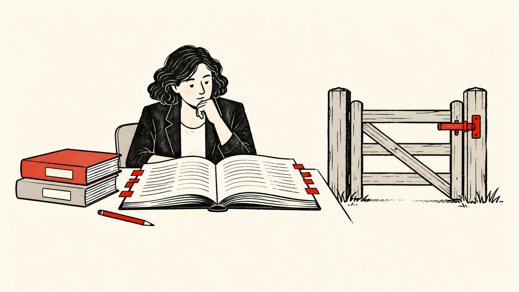 A reviewer studies an open rulebook and evidence folders beside a gate secured by a red latch.