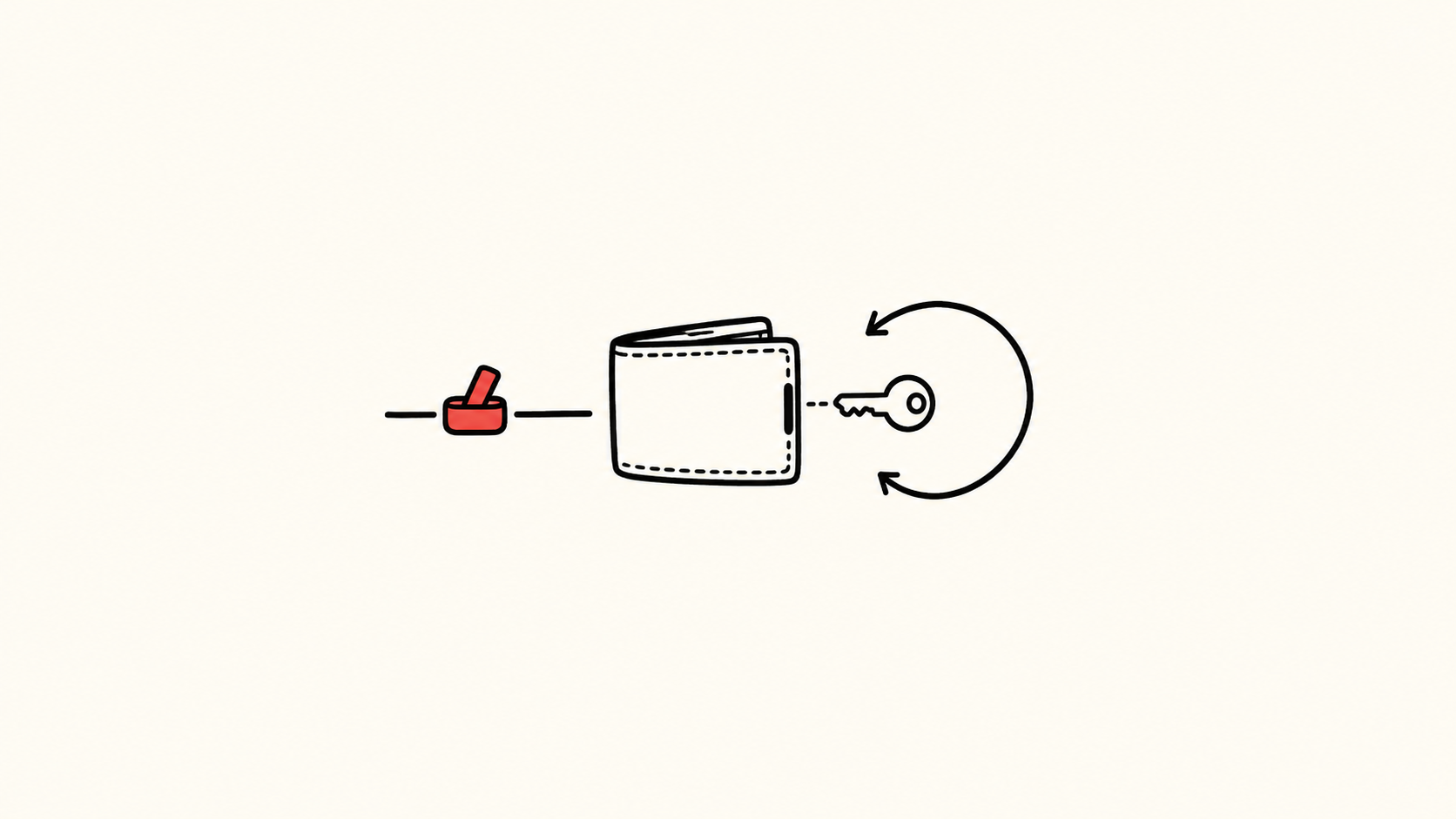 A black-outlined wallet sits between a separate red toggle switch on the left and a key surrounded by a curved recovery arrow on the right, against an off-white background.