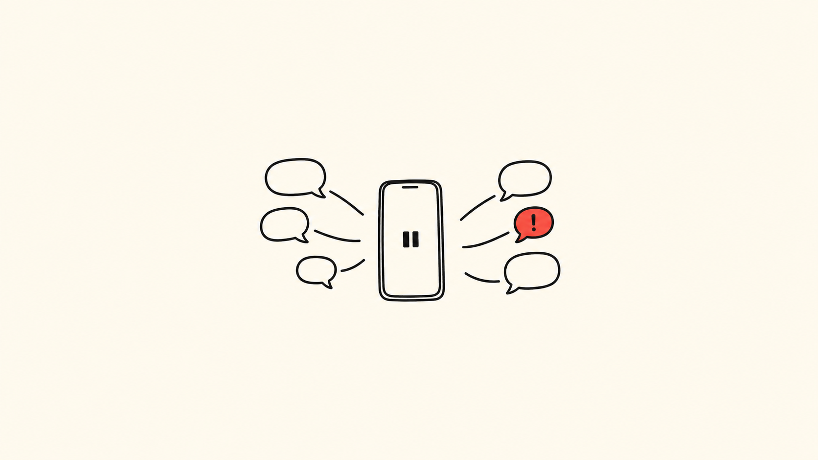 A black-outlined phone with a pause symbol sits between two groups of speech bubbles; one bubble is red with an exclamation mark, against a spacious off-white background.