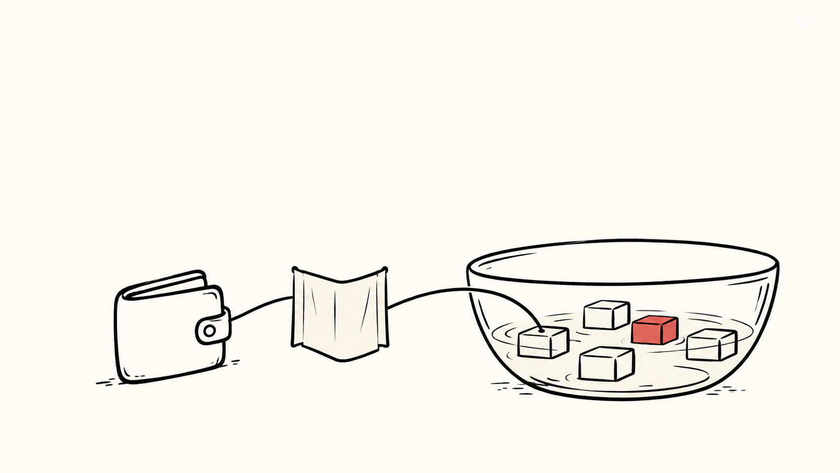 A wallet connects to a clear shared pool through a small veil that conceals the middle of the connection.