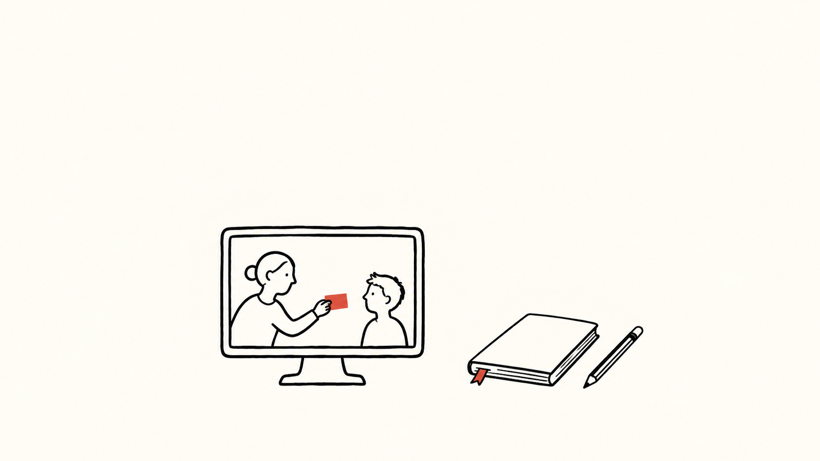 A tutor offers a blank red card to a pupil on a computer screen, beside a closed notebook and pencil.
