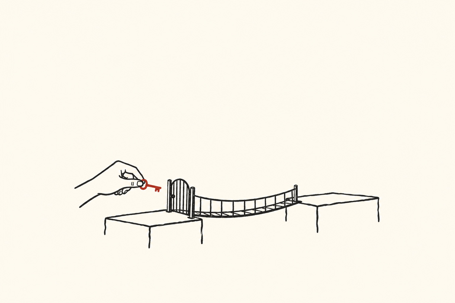 A hand holds a red replacement key beside a closed gate on a black hand-drawn bridge between two platforms on off-white.