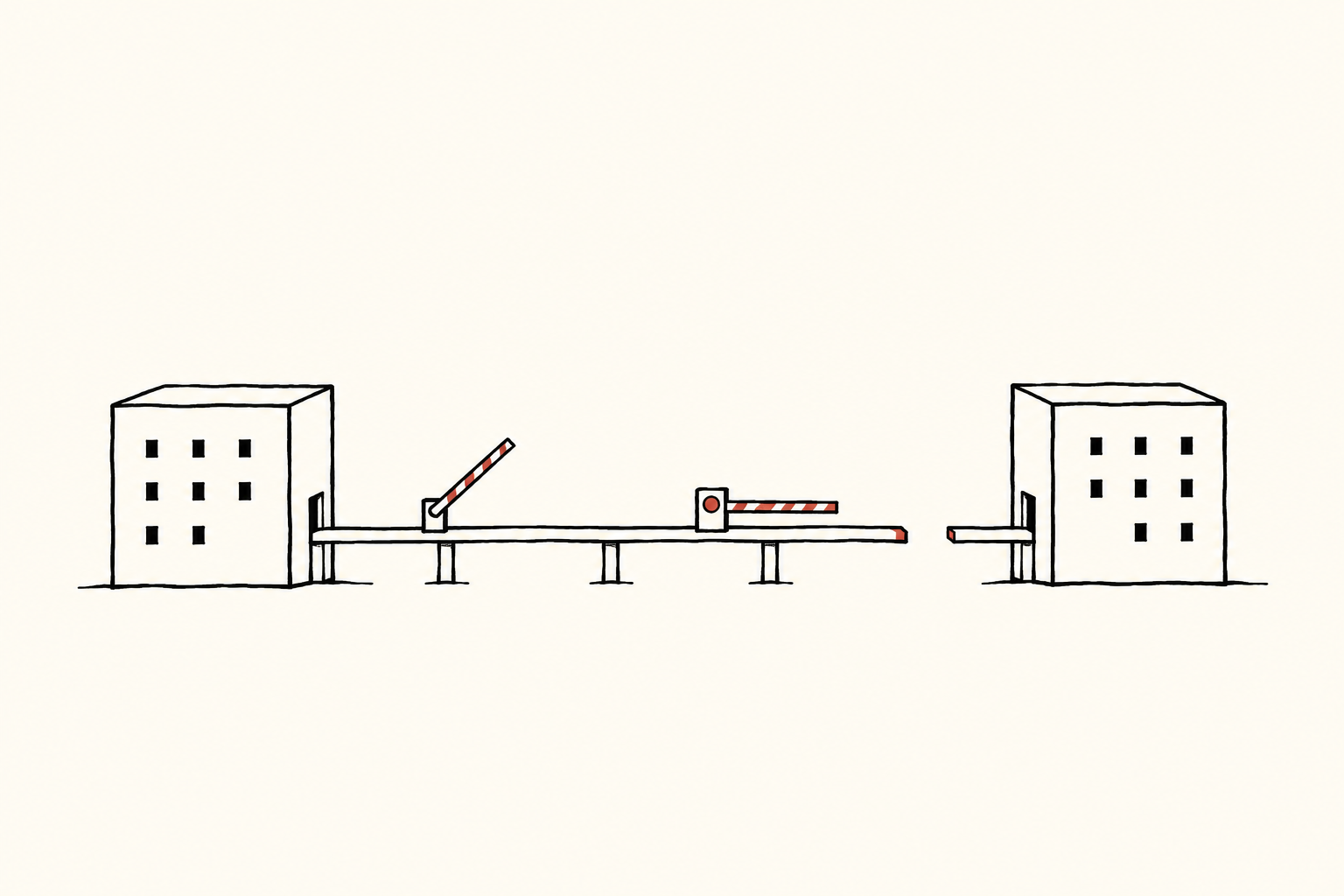 Two company blocks connected by a bridge with separate gates and a small red checkpoint.