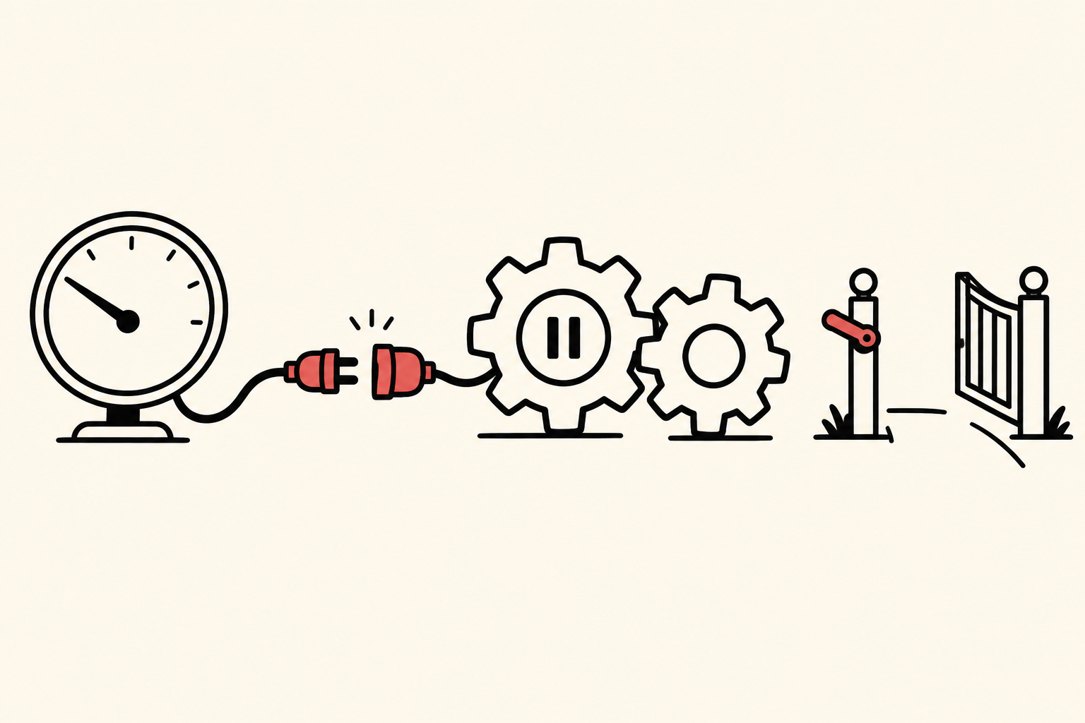 A disconnected red plug lies between a price gauge and contract gears, beside a separate exit gate.