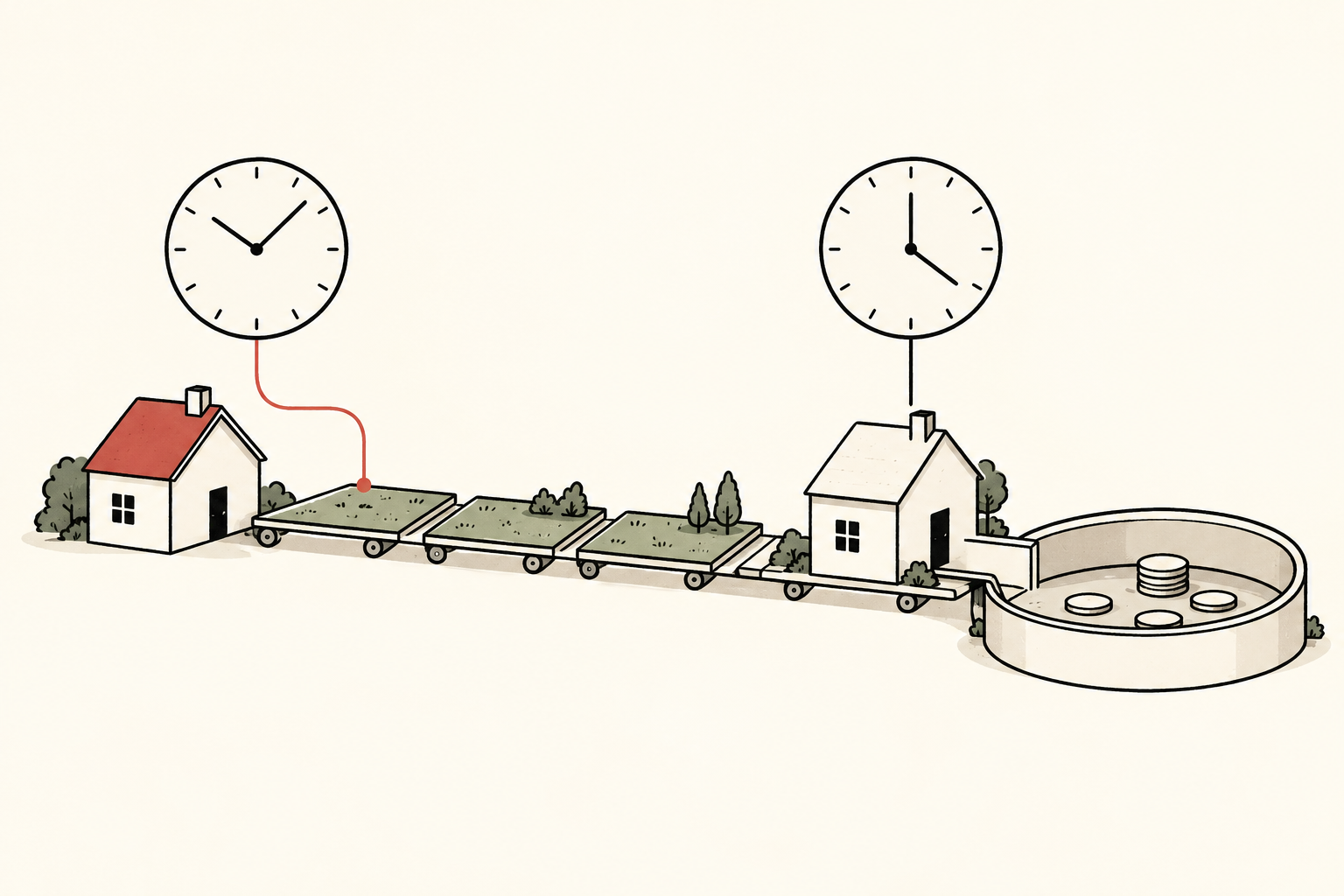 Two houses, land plots and a cash reservoir connected beneath two clocks.