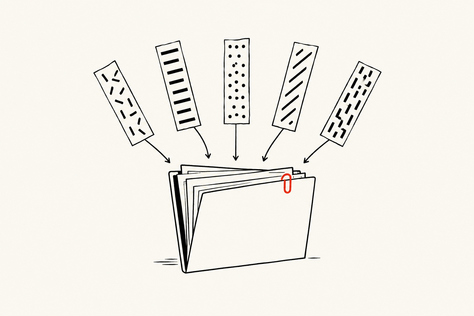 Five paper strips with hand-drawn black marks point toward an open case folder with a red paperclip on an off-white background.