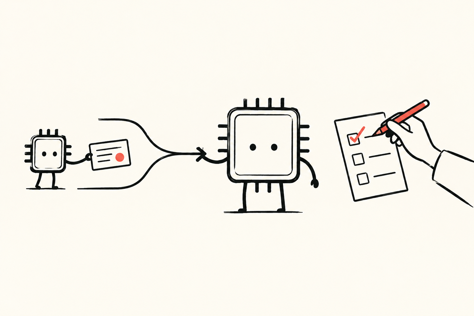 A small processor hands a task card to a larger processor while a separate hand holds a checklist, with a restrained red mark.