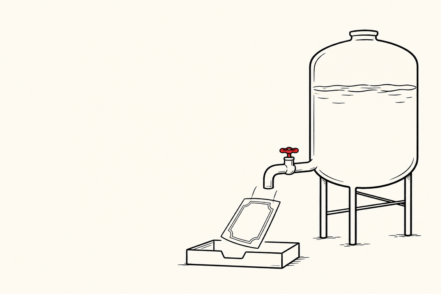 An outlined cash reservoir feeds a blank share certificate into a tray through a red valve on an off-white background.