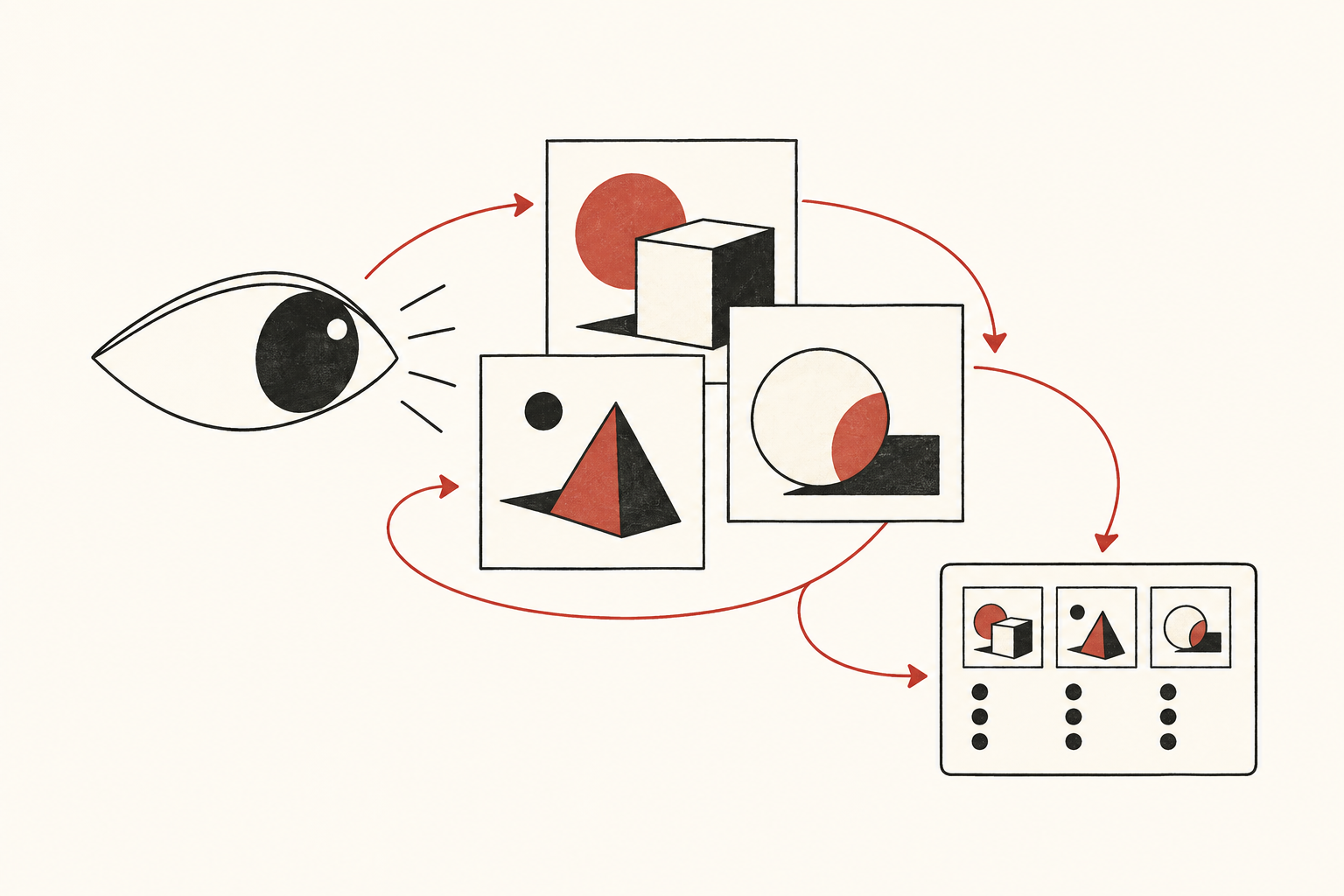 A hand-drawn lens revisits image frames connected to an evidence card by a restrained red line.