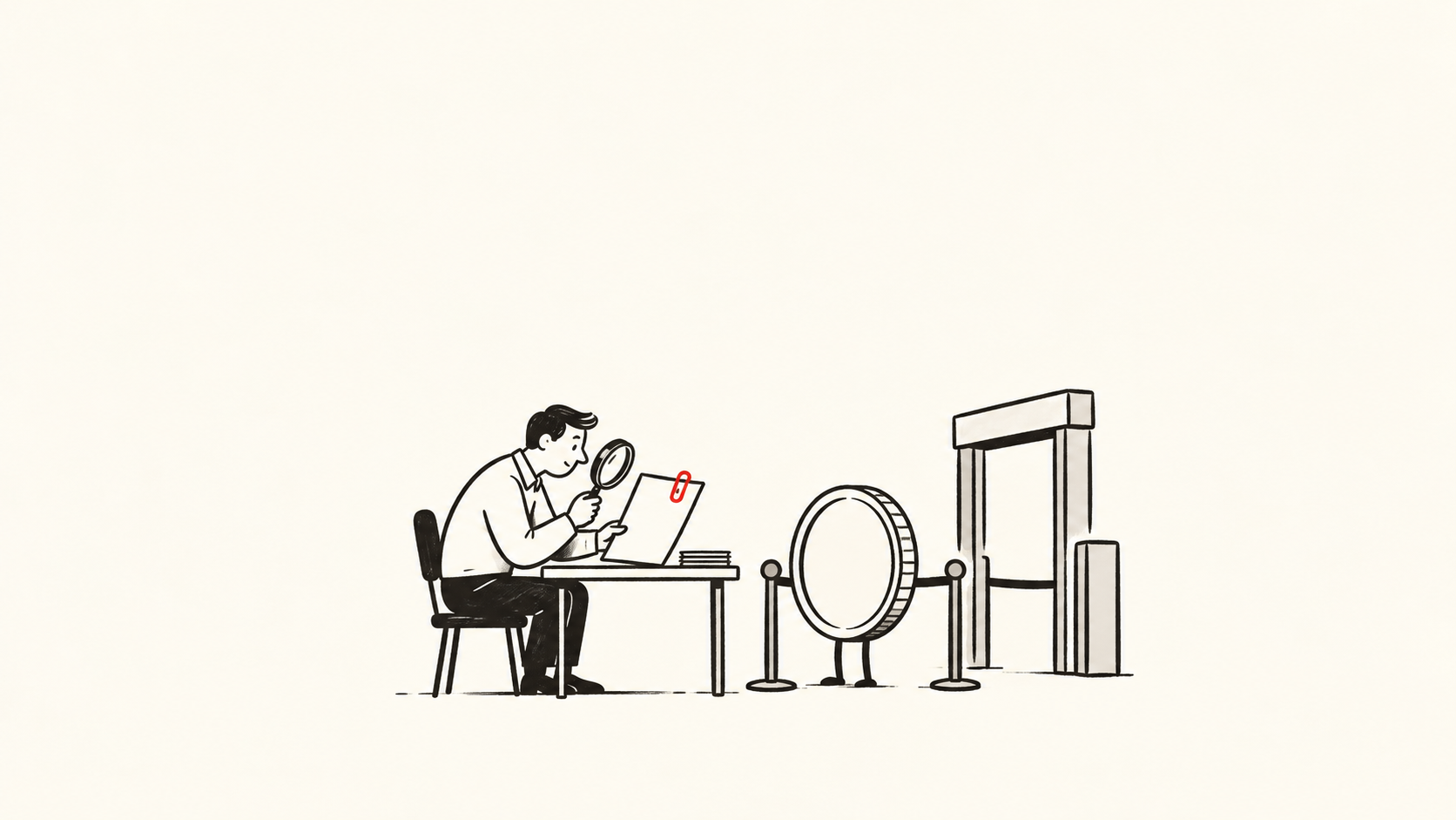 A reviewer checks documents beside an inspection gate while an unmarked coin waits, with a small red paperclip.