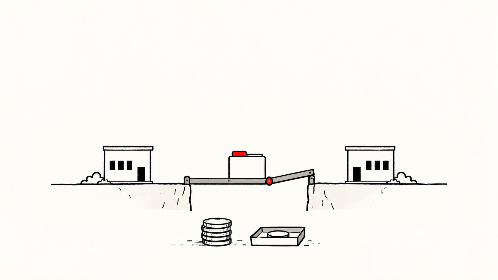 An ownership document rests on a conditional bridge between two offices; a stack of consideration coins and a small tray sit separately below.