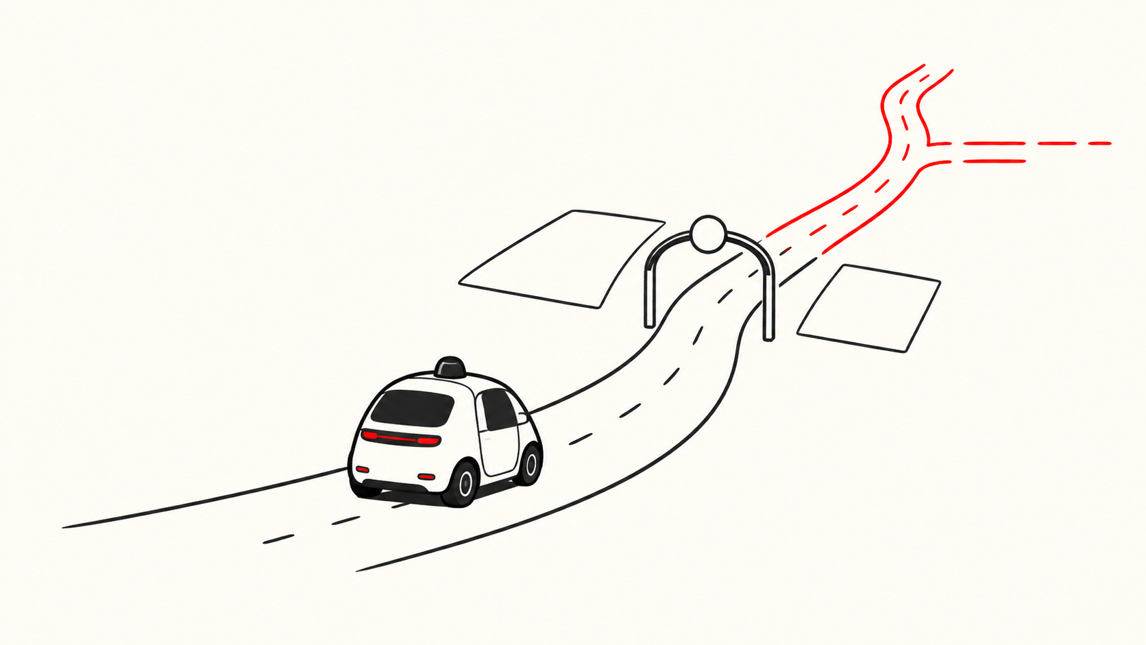 曲がった街路図の確認地点に近づく手描きの車。赤い区間は未検証の道路を示す。