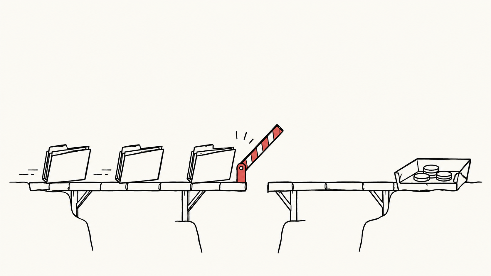 Contract folders wait at a red barrier beside a gap in a delivery bridge leading toward a tray of coins.