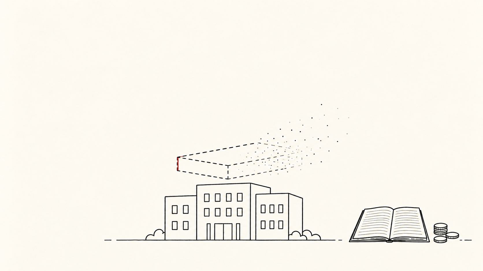A business building beneath a dissolving premium layer, beside a separate ledger and coins.