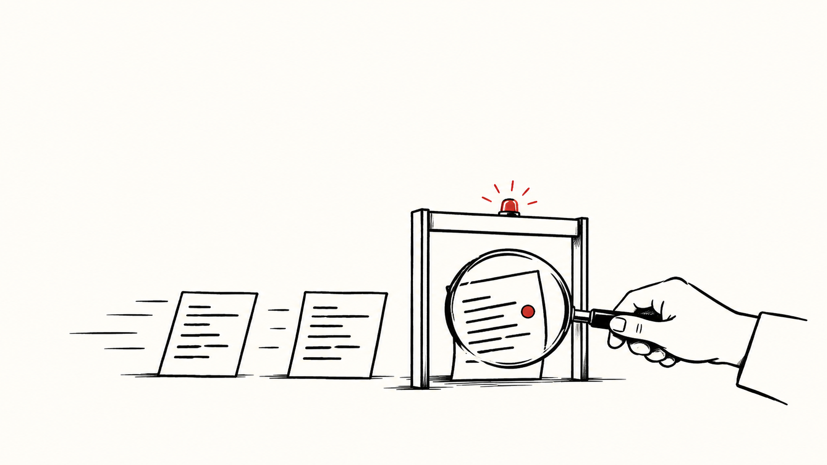 Three abstract code cards queue at a testing gate while a hand-held magnifying glass examines a card marked with a red warning dot.
