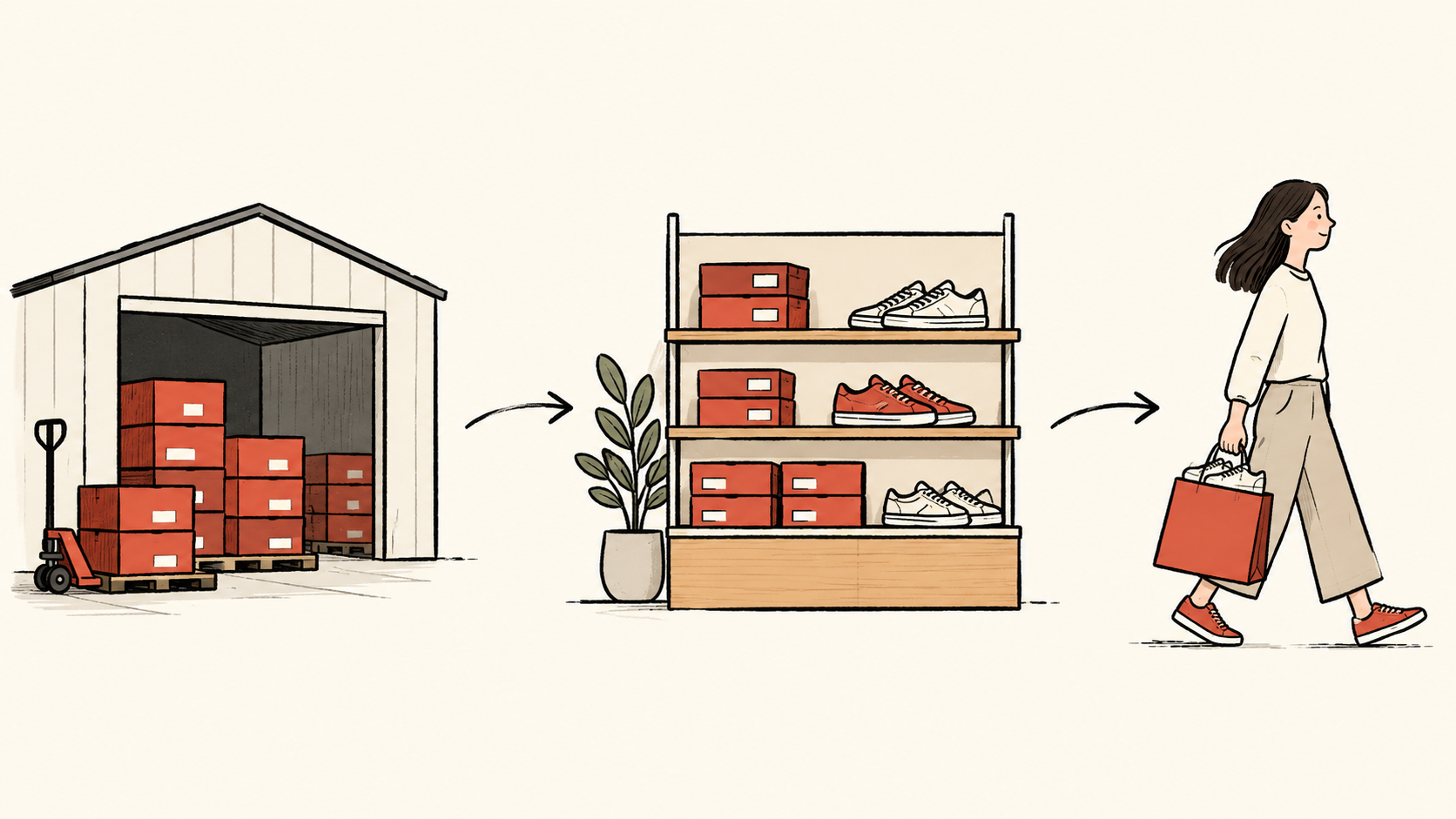 Black hand-drawn lines connect a warehouse, a shop and a customer on an off-white background; a few red shoe boxes remain on the shelves.
