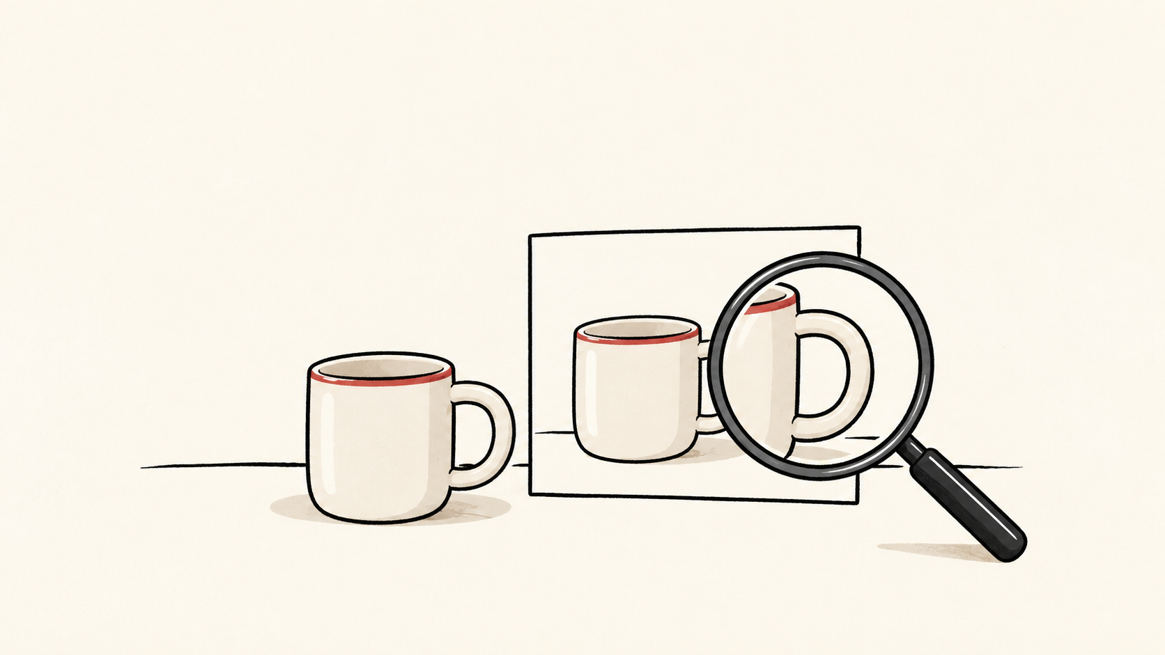 A reference mug and its framed image are compared through a magnifying glass focused on the handle, illustrating product-fidelity checks.