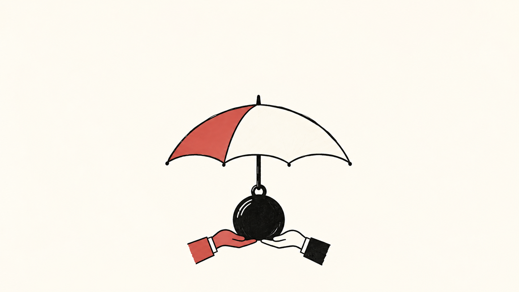 Two hands share a weight beneath a divided umbrella, illustrating retained and transferred insurance risk.