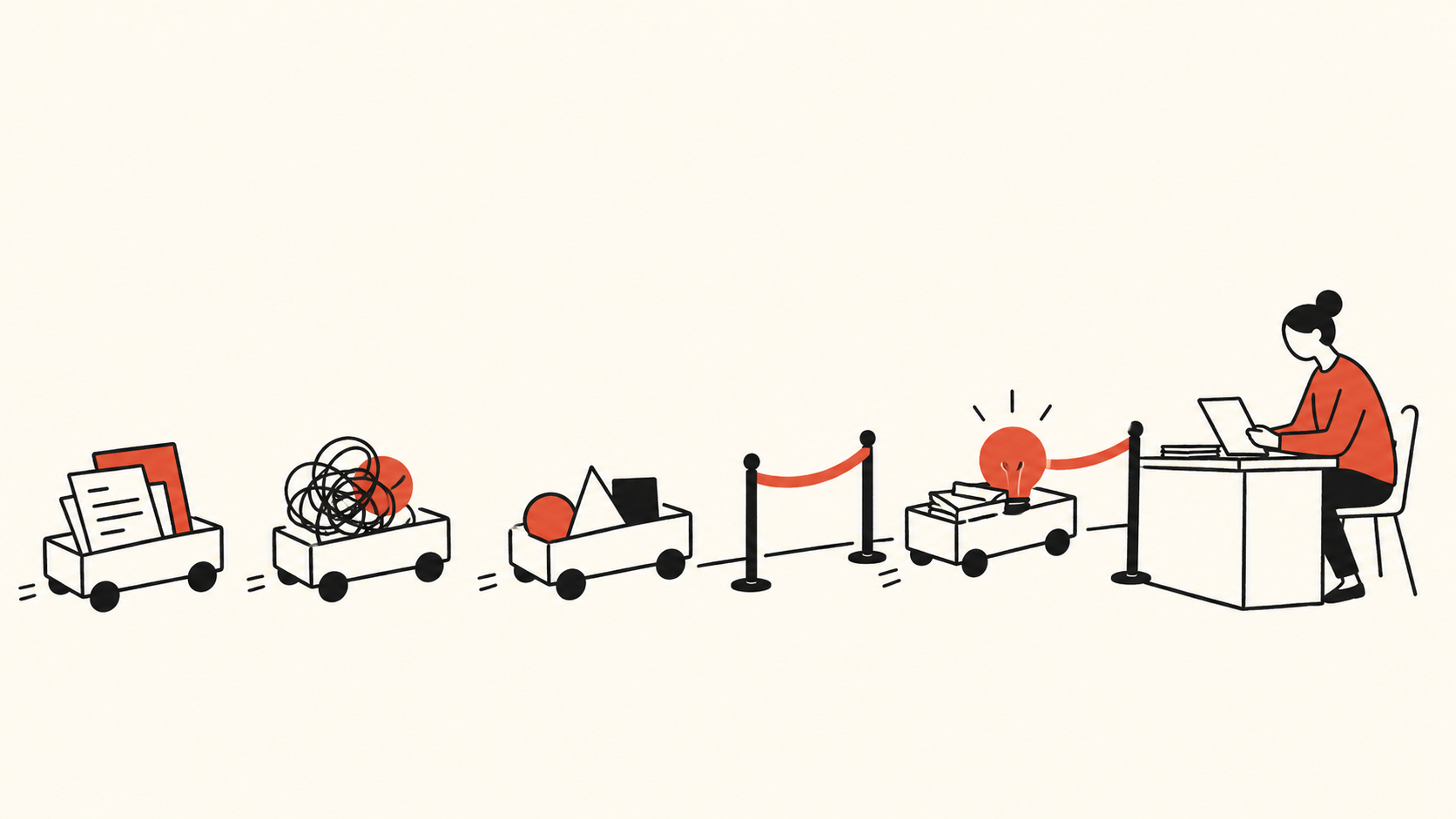 Small AI work carts carry document packets toward a shared review desk, with restrained red accents on an off-white background.