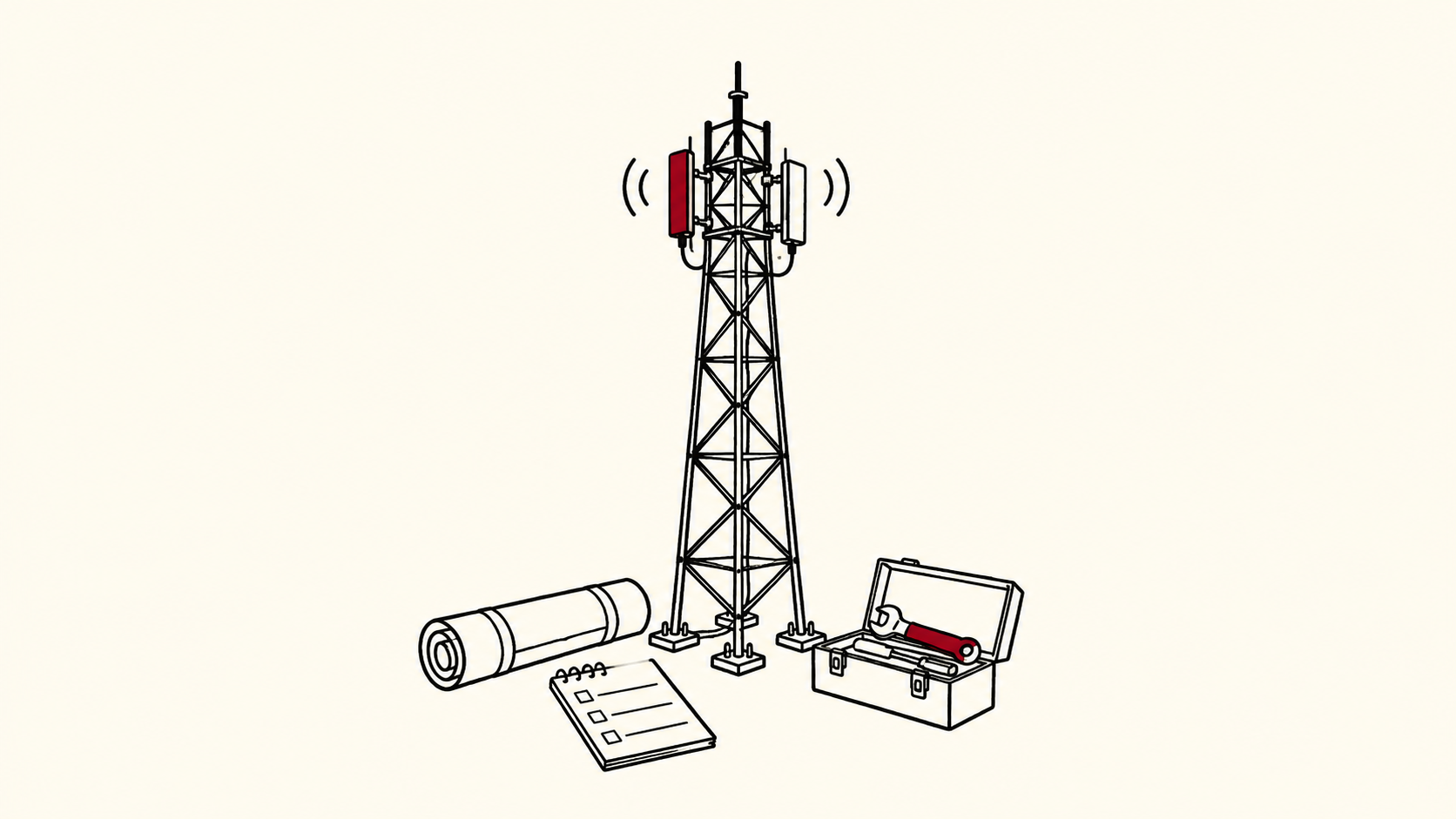 An intact telecommunications tower stands beside a rolled construction plan, a planning notebook and a maintenance toolbox.
