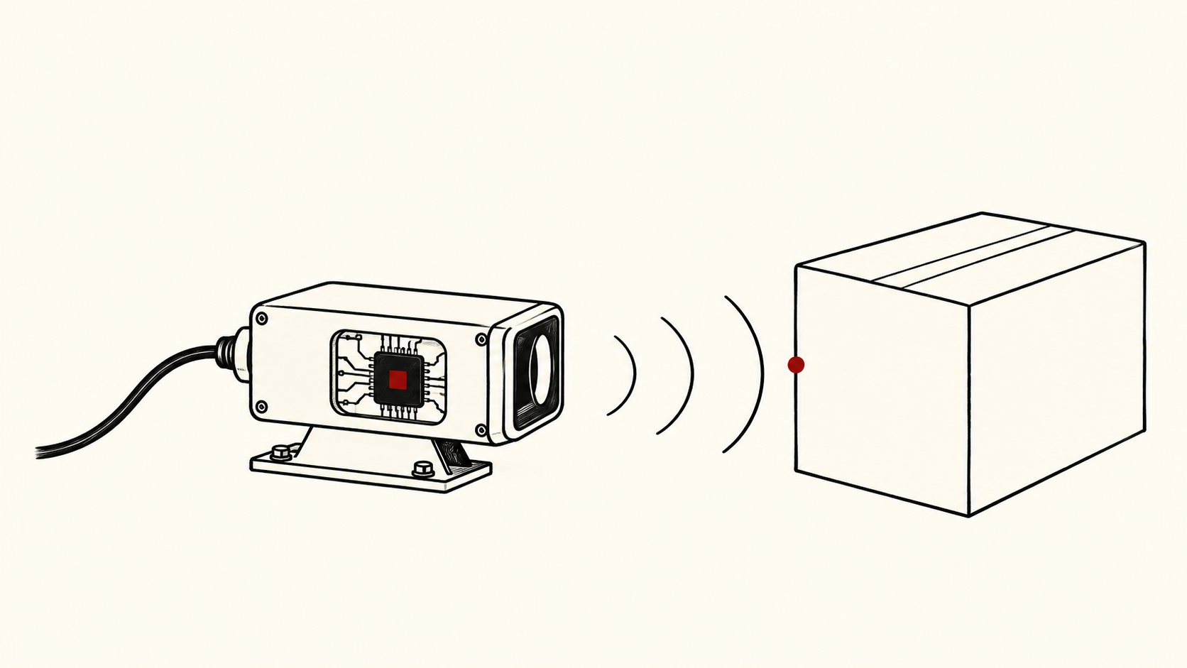 A conceptual industrial sensor with an internal chip scans a carton, with one external cable and a small red detection marker.
