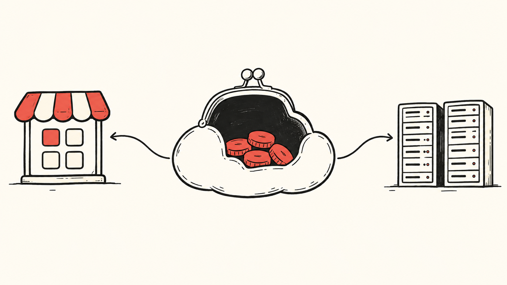 A cloud-shaped purse holds finite red credits between a software storefront and server racks.