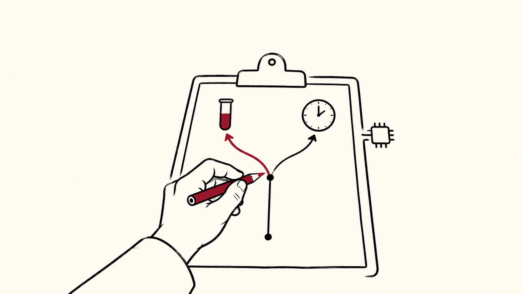 A clinician’s hand considers branching paths toward a test tube and a clock on a clipboard, with a small chip beside it.