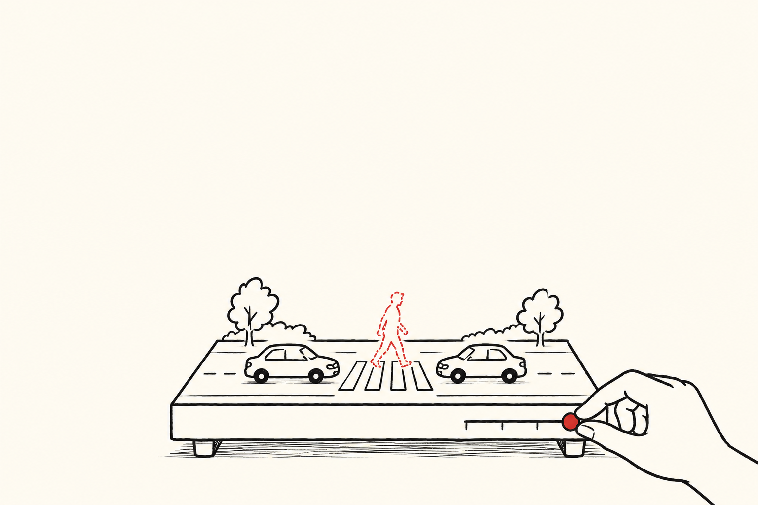 A hand-drawn tabletop road with two cars, a red dashed pedestrian and a hand moving a control slider.