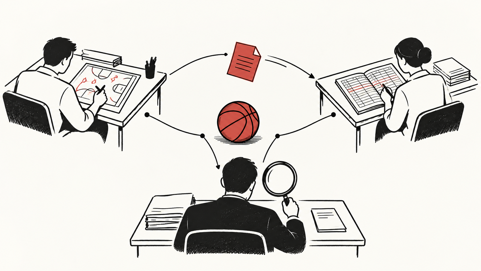 Three people at separate desks examine documents around a basketball, linked by a restrained red line and a magnifying glass.
