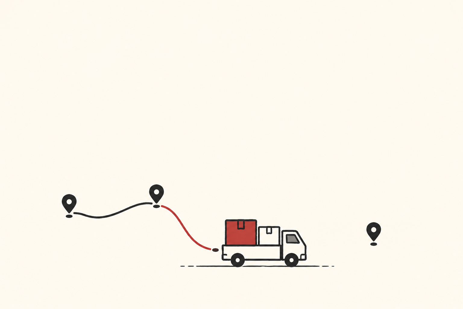 A delivery truck carrying two parcels beside a sparse route and a detached stop, drawn in black with restrained red accents.