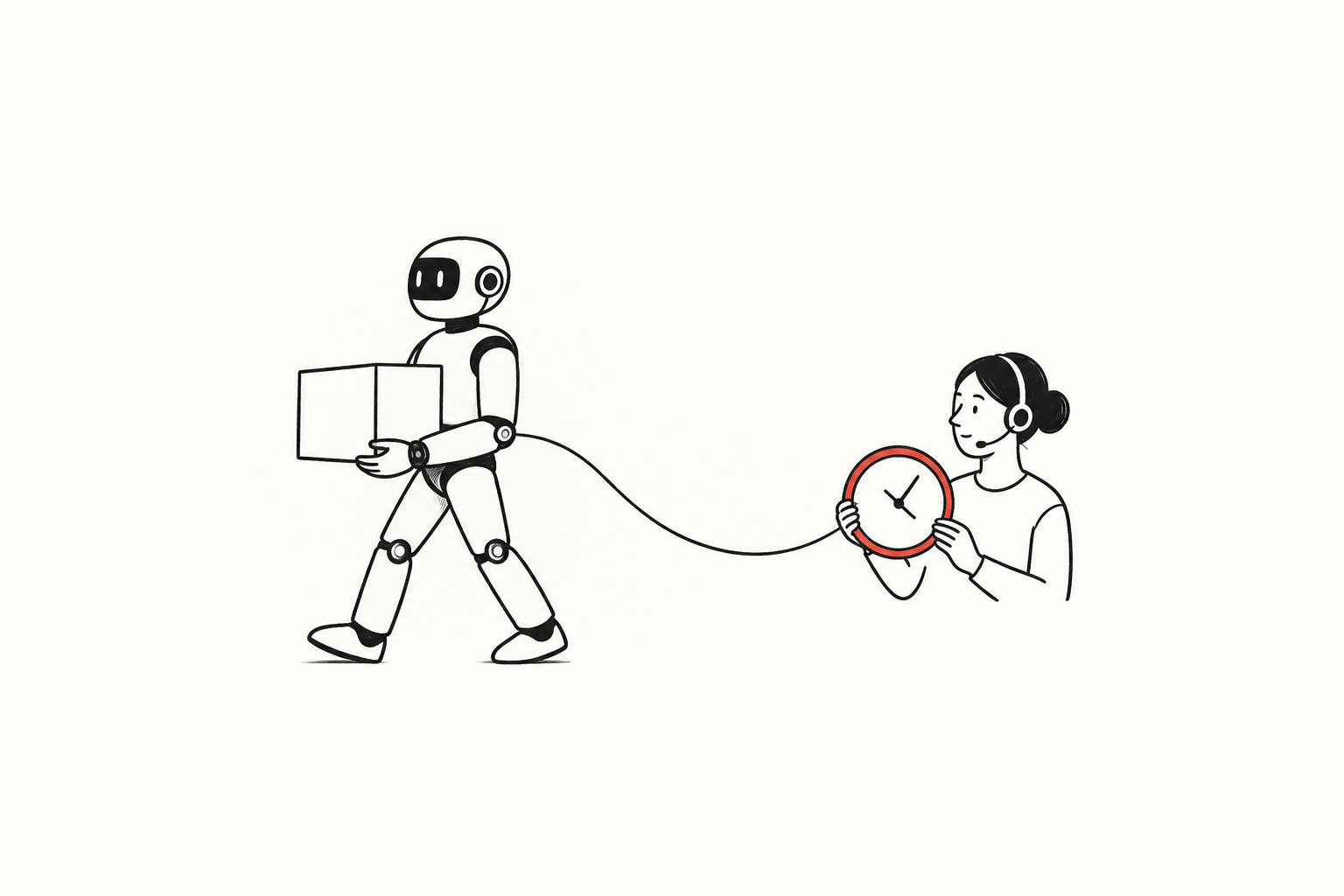 A black-outline robot carries a tote, linked by a thin line to a headset-wearing support worker holding a red-rimmed clock.