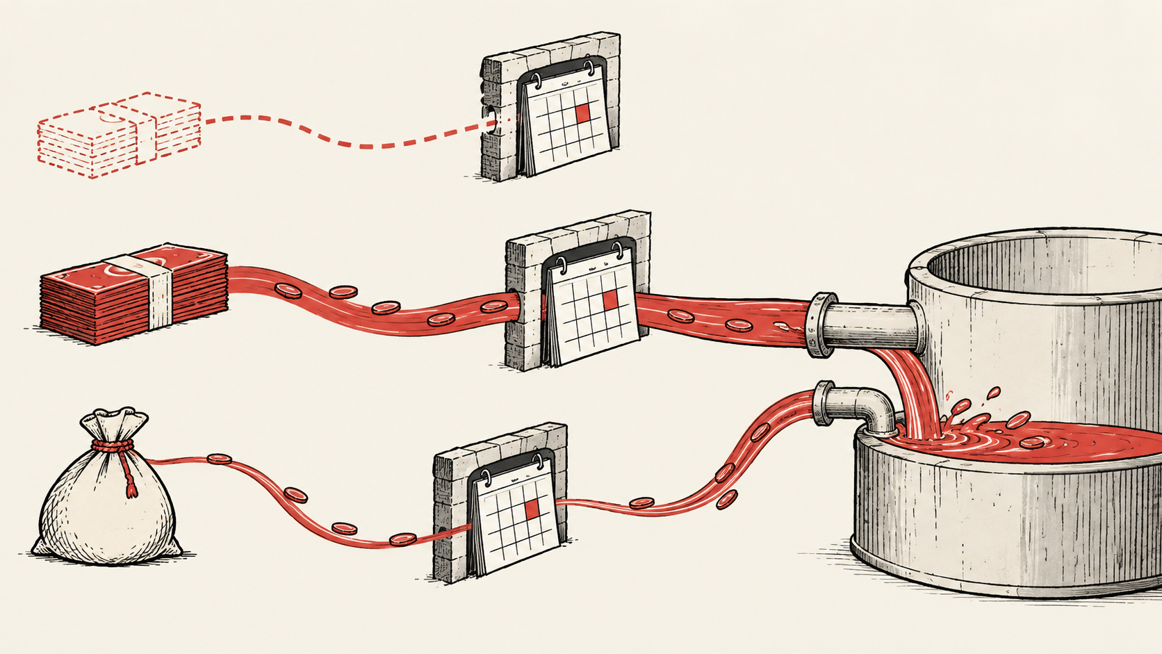Black hand-drawn funding channels pass through calendar gates into a reservoir, with dashed planned flows and restrained red streams on off-white.