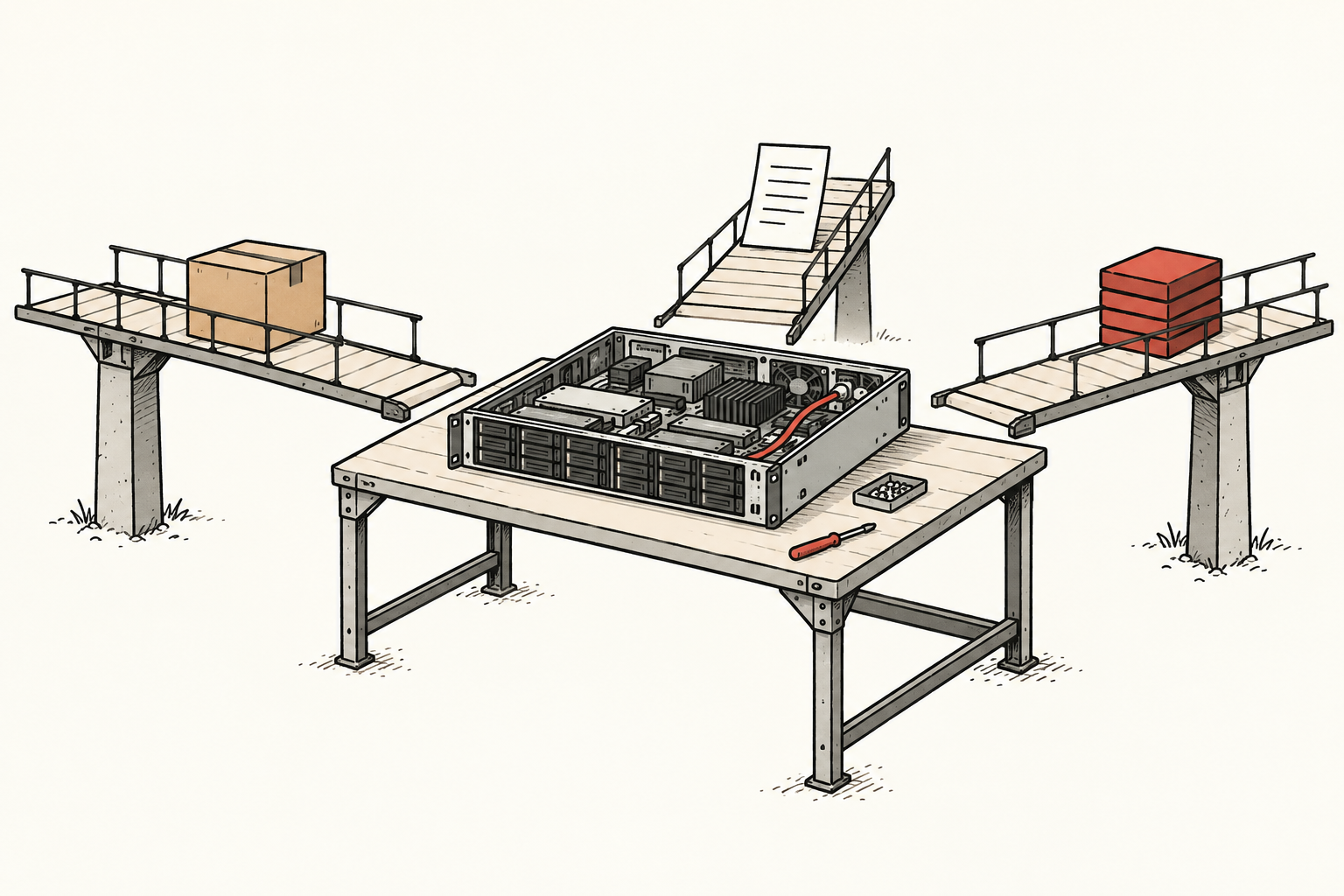 Three separate bridges carry inventory boxes, receivable invoices and red equity tokens toward a server assembly bench.
