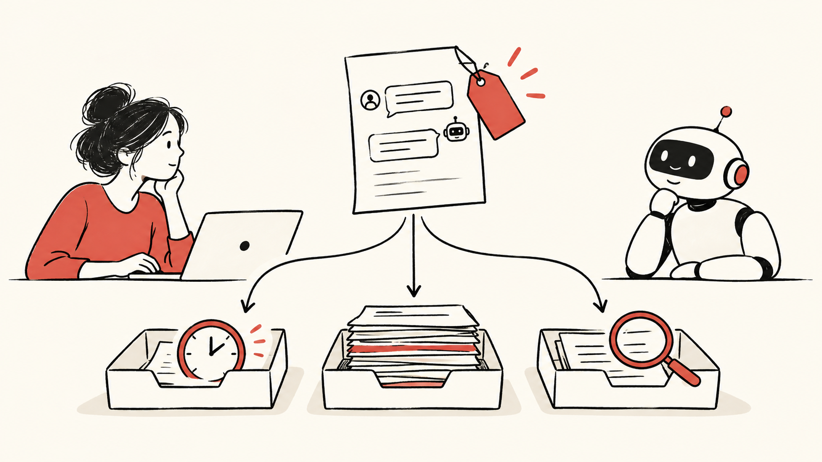 A request sheet branching into separate record trays, with one red retention tag.