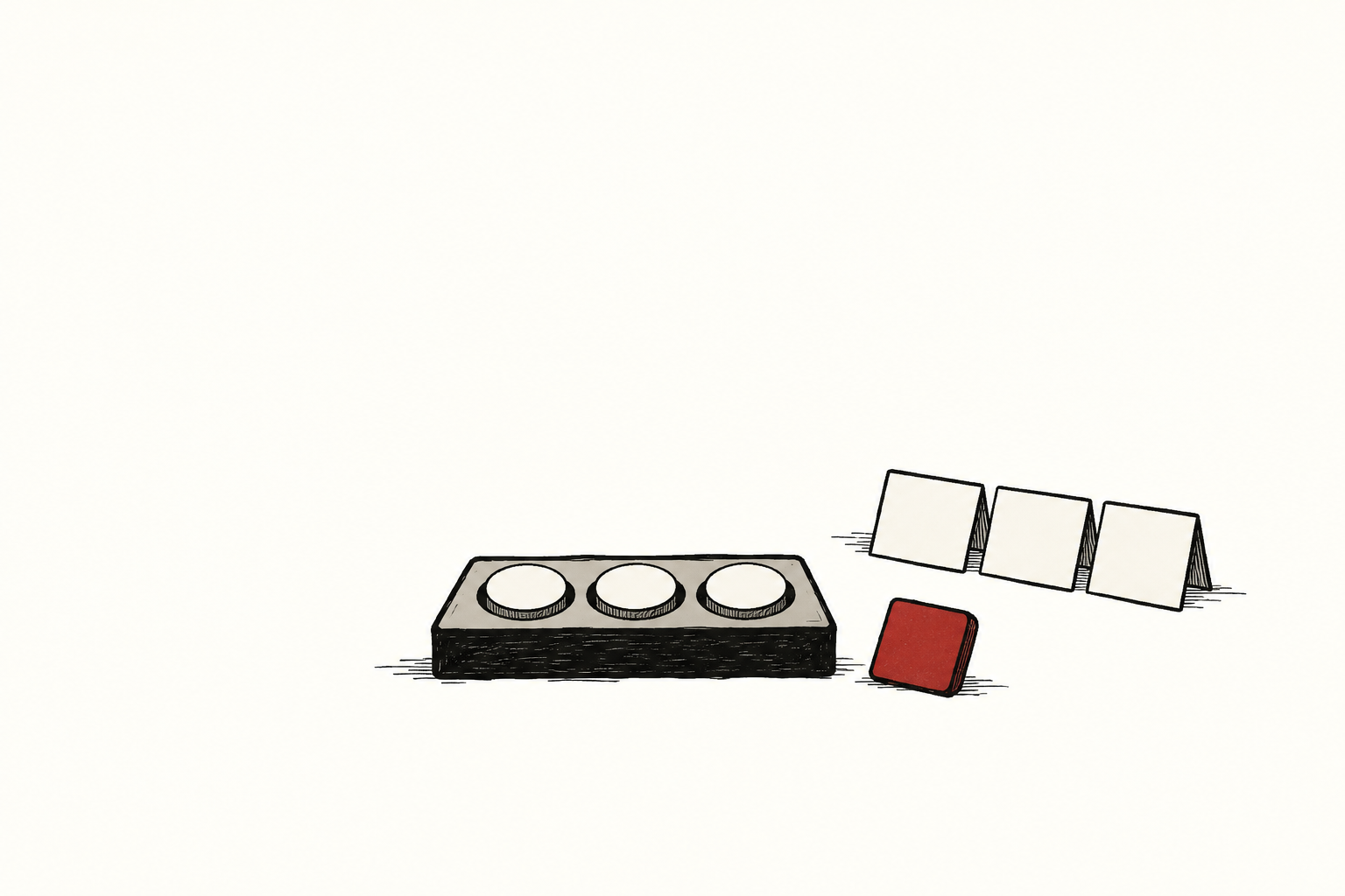 Hand-drawn contract cards beside a circular sorting tray, with a red square remaining outside.