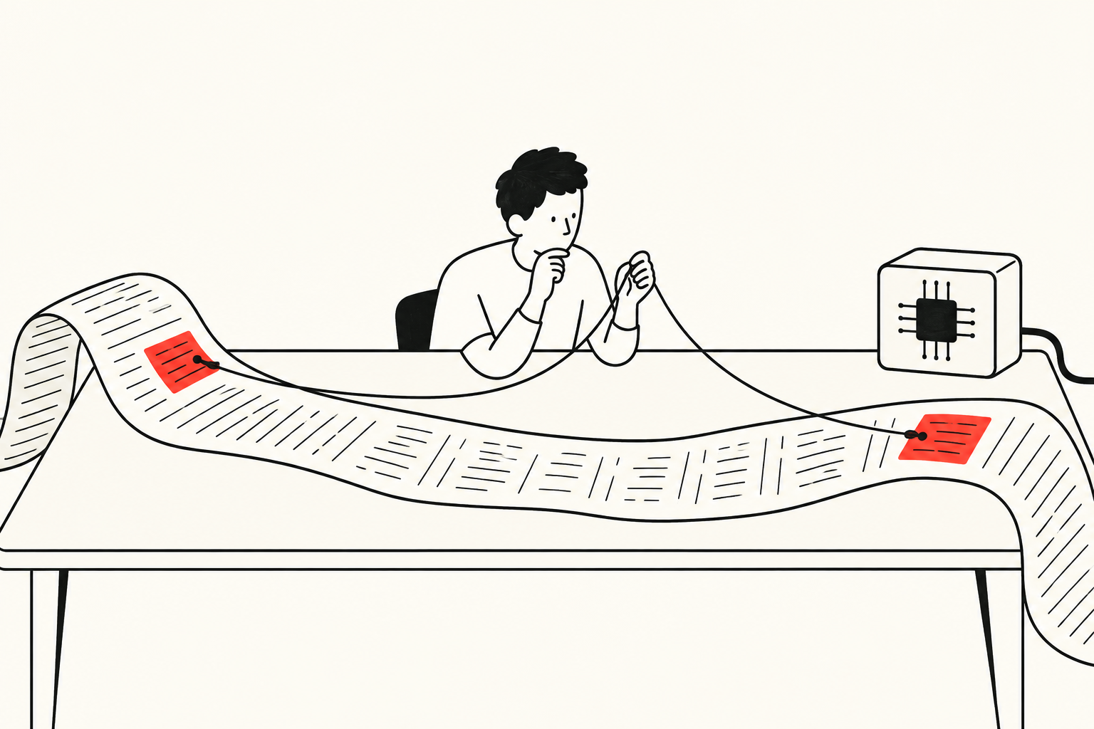 A thoughtful reader holds a thread connecting two distant red-marked passages on a long paper roll, with a chip beside it.