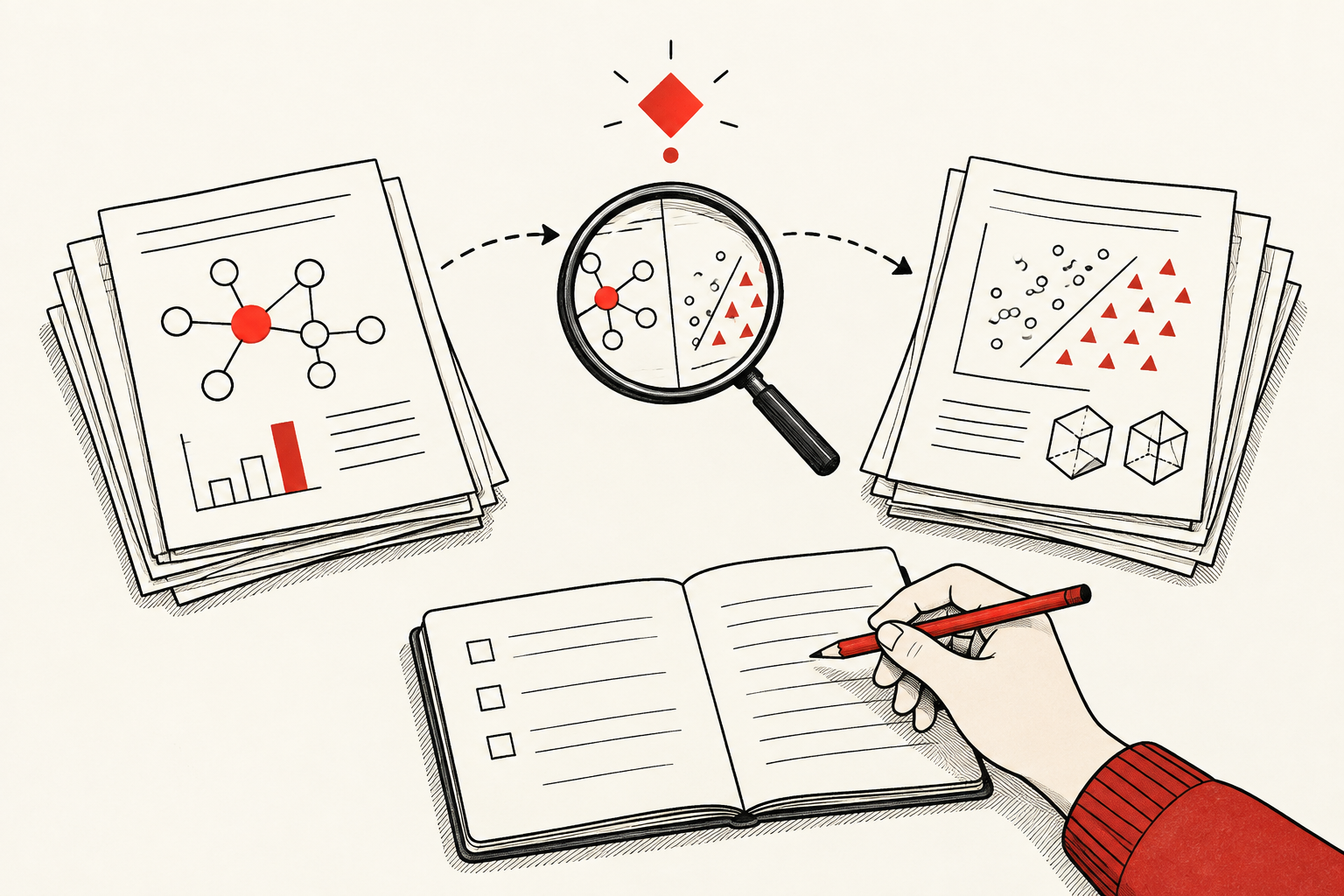 A magnifying glass compares two research diagrams while a person holding a red pencil records a judgment in a notebook.