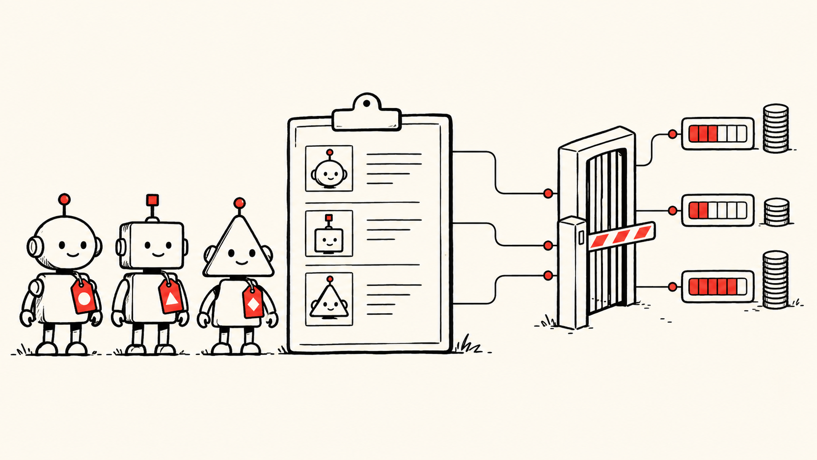 Three small tagged robots connect to a registry and pass through a permission gate toward individual budget gauges.